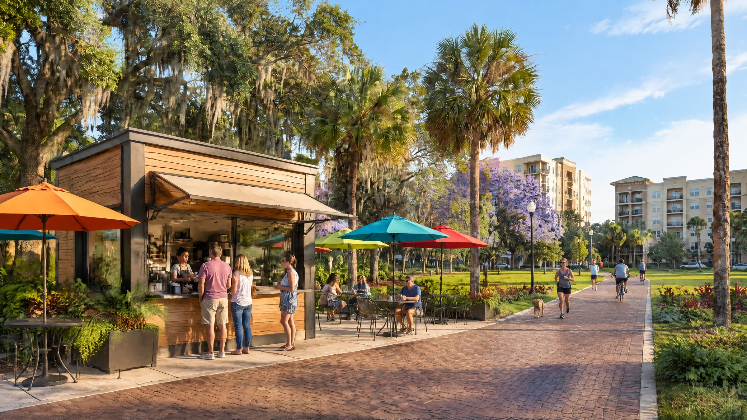 A walk-up coffee kiosk at the edge of a park plaza, with cafe tables under colourful umbrellas.