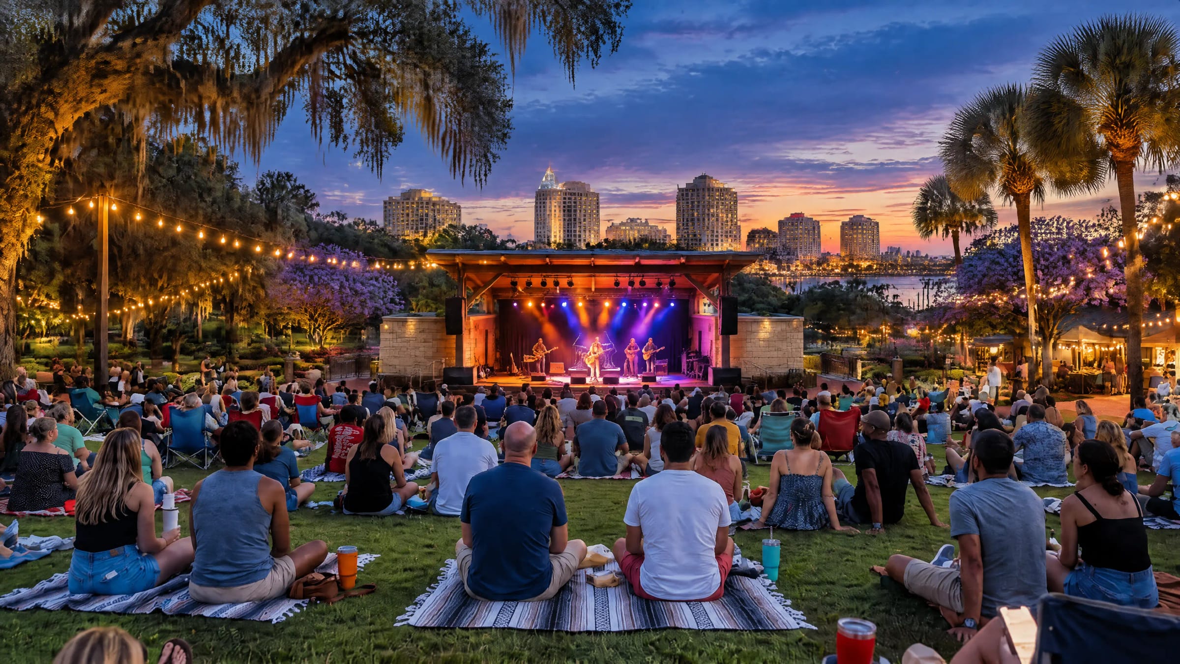 An evening concert on the great lawn, families on blankets under string lights.