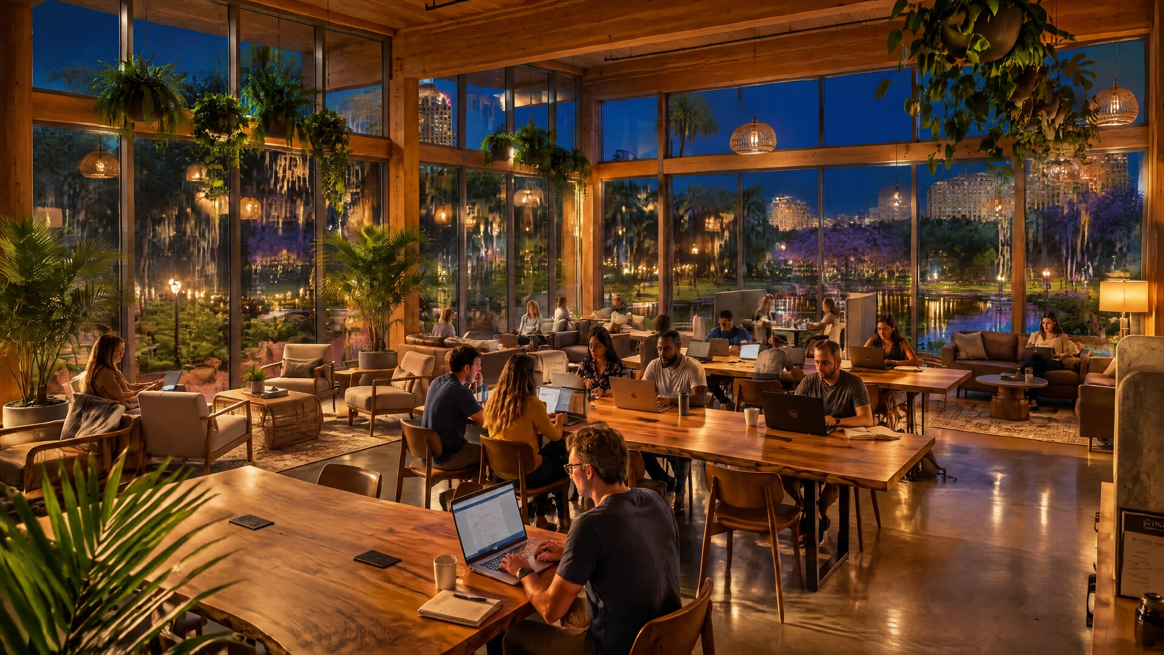 A glass-walled reading and work pavilion glowing warmly at dusk.