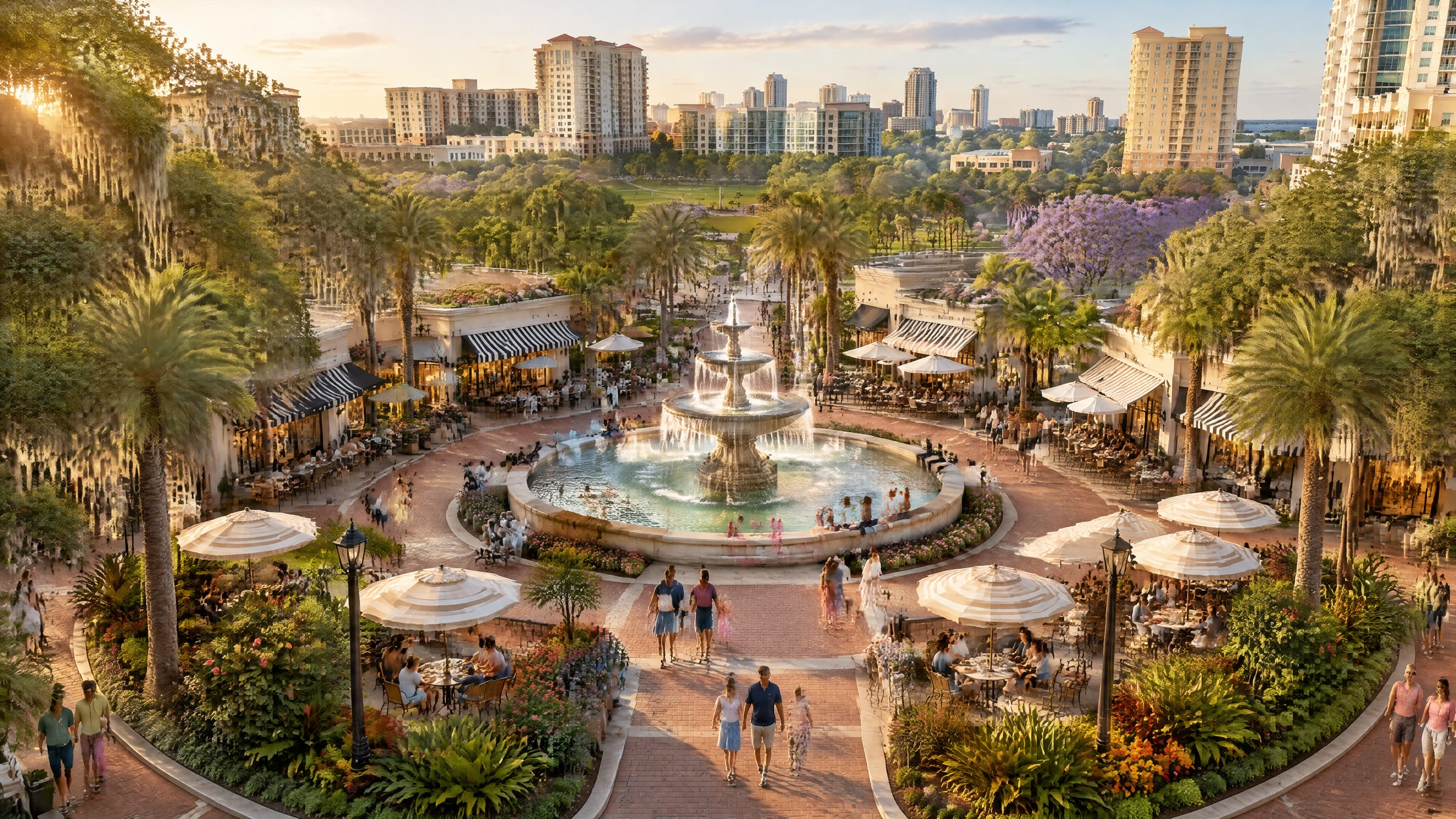 A fountain plaza ringed by ground-floor shops and sidewalk cafés.
