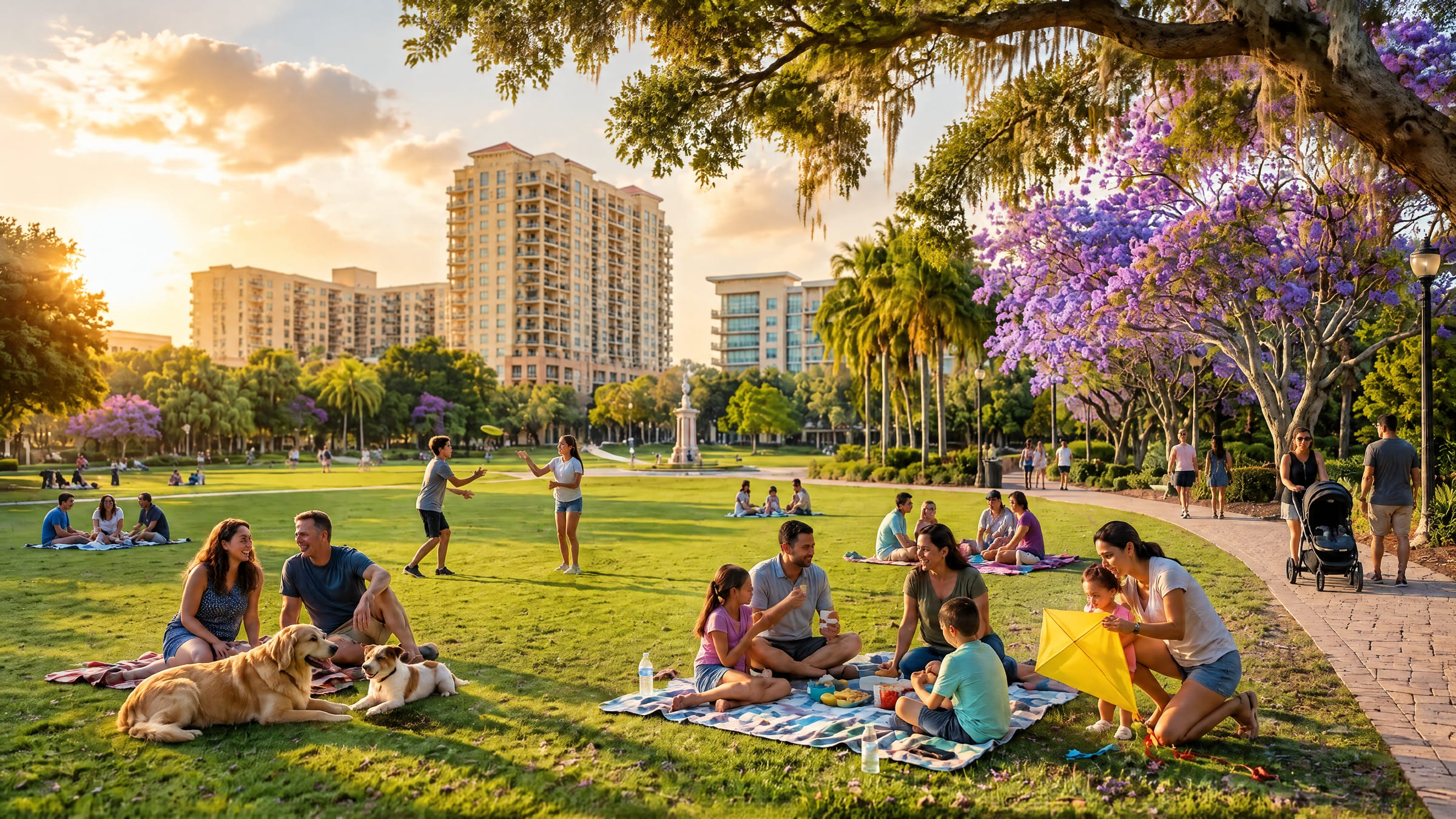 A wide park lawn at golden hour with families picnicking beneath live oaks.
