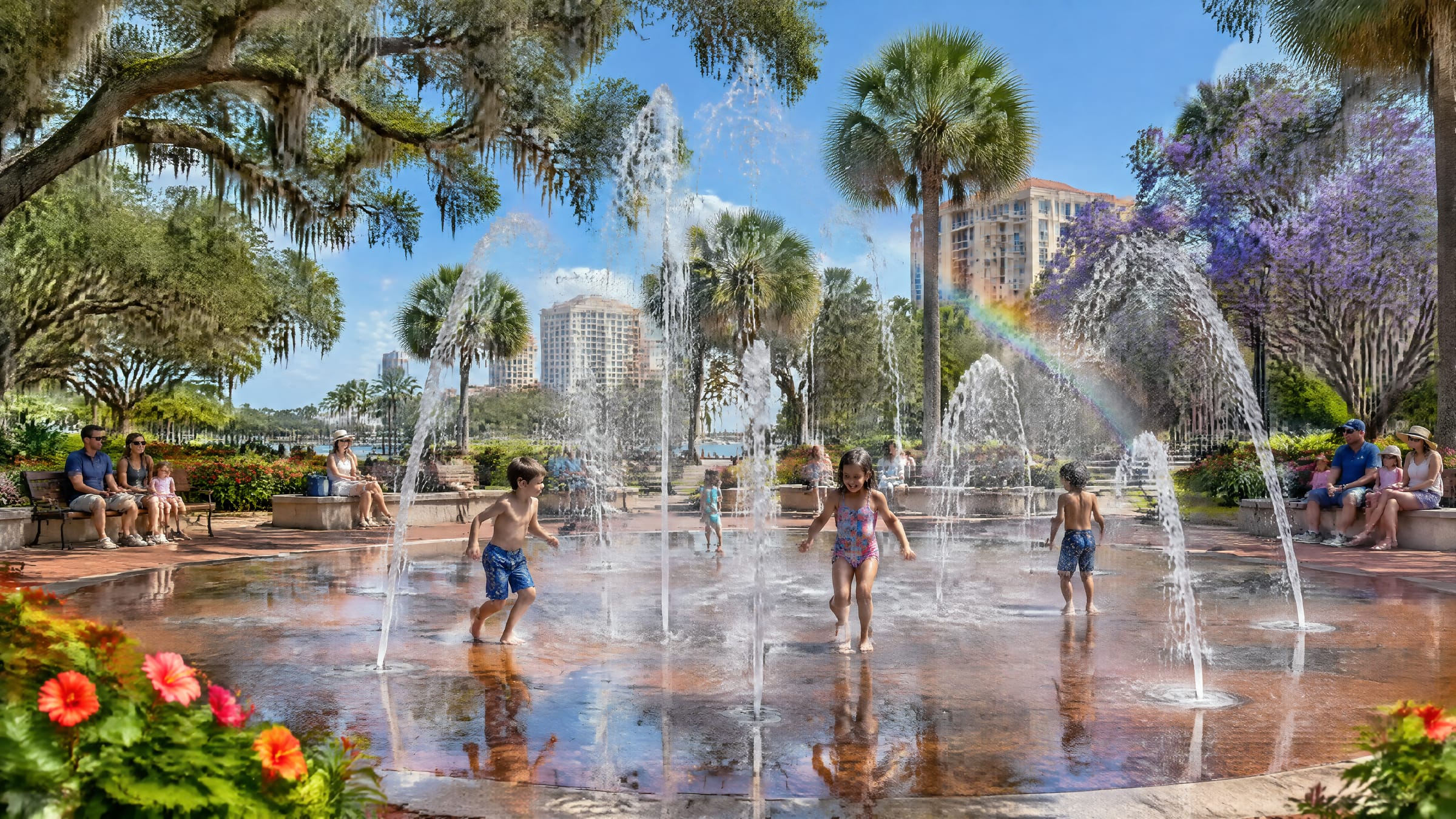 Arcing jets of water rising from a splash fountain plaza in bright midday sun.