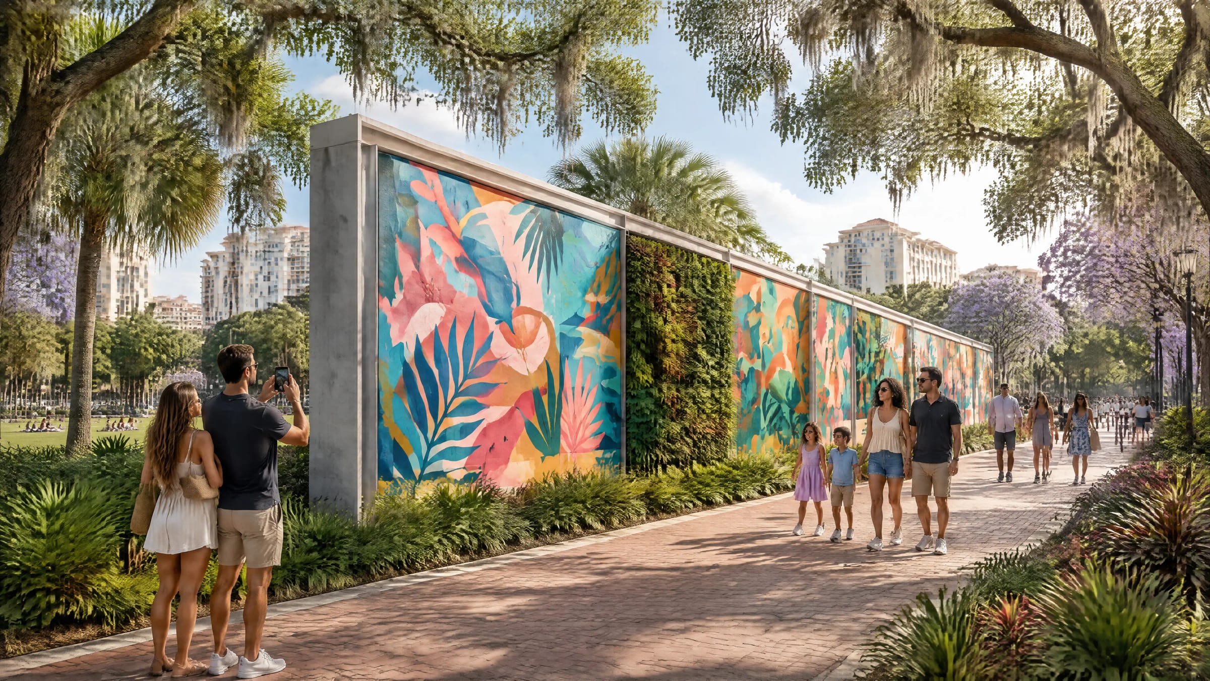 A botanical mural and living plant wall along a brick promenade.