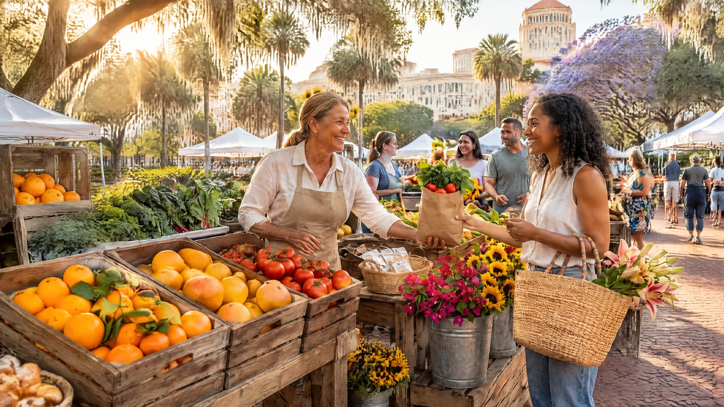 A farmers market under white canvas tents, vendors and shoppers among crates of Florida citrus.