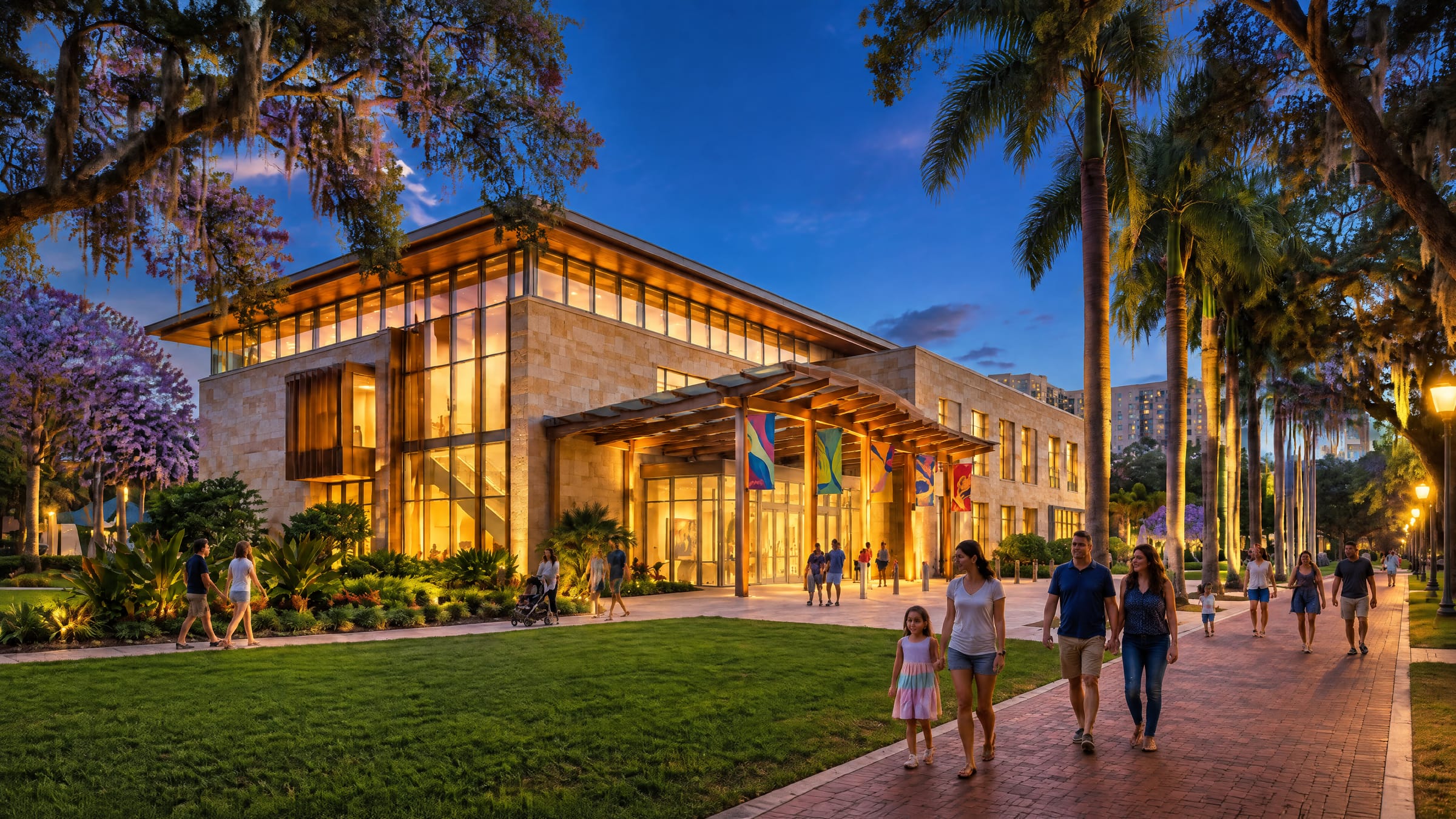 A contemporary museum at the edge of the park, its entry glowing at dusk.