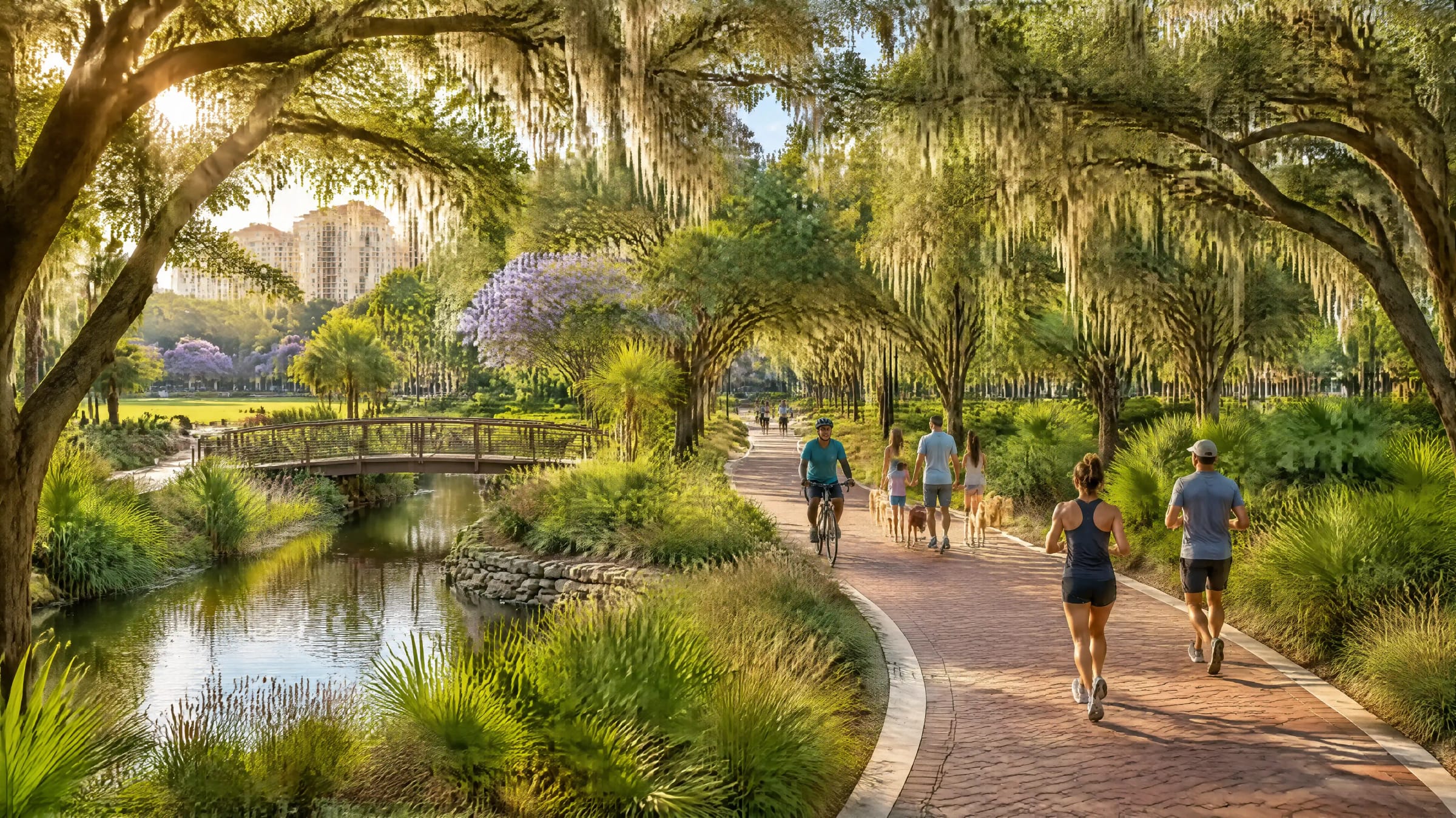 A shaded walking and cycling trail curving through dense live oaks.